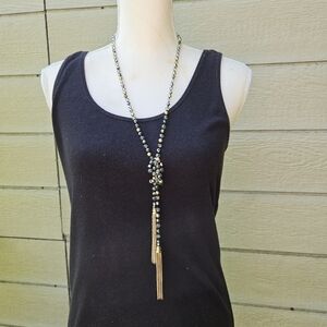 gold tone and gray crystal beaded necklace with gold chain tassel